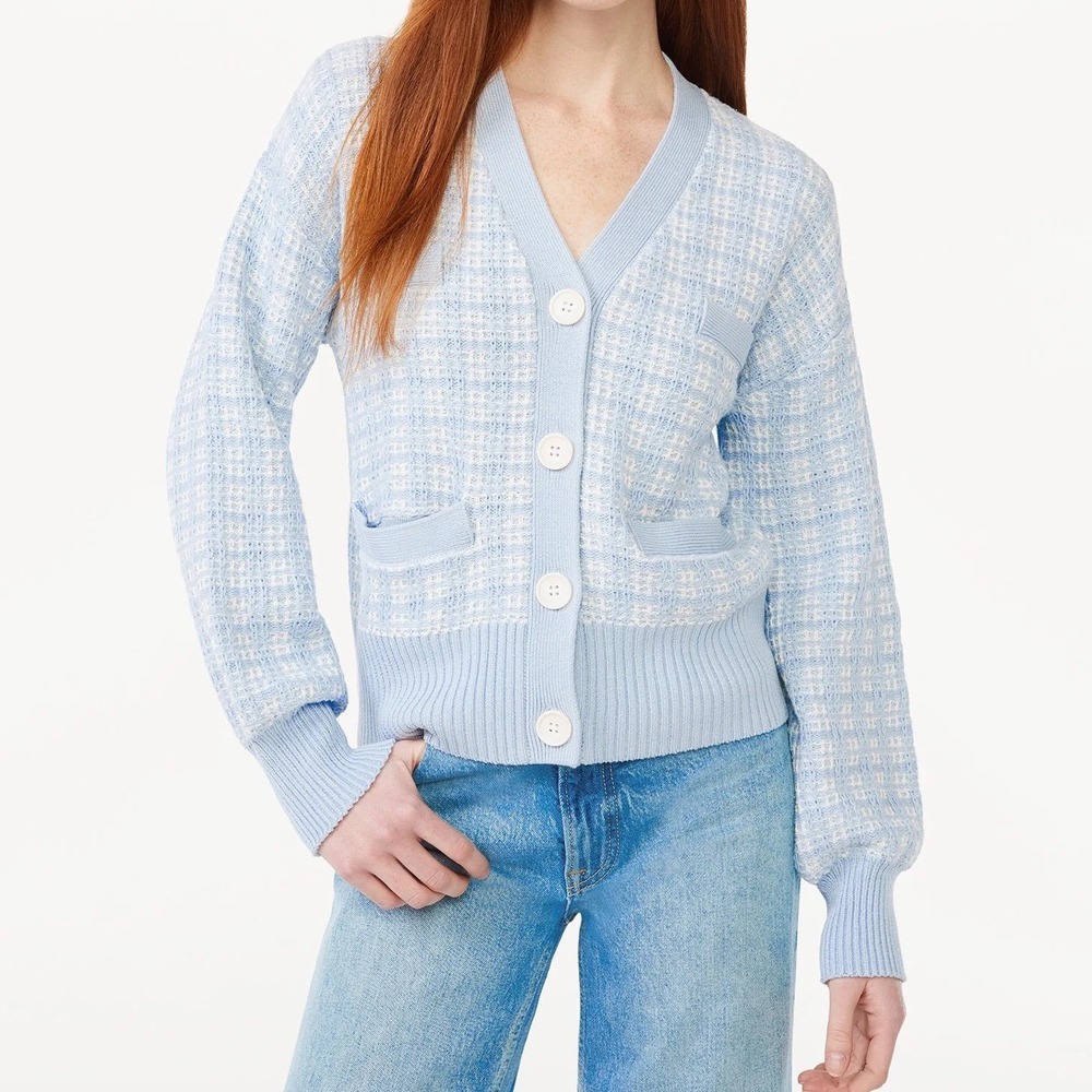 Free Assembly Blue Tweed Knit Button Front Cardigan Sweater XS Preppy Old Money